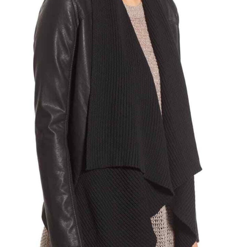 Blank NYC Black Mixed-Media Leather & Knit Draped Jacket